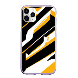 Чехол iPhone 11 Pro матовый Жёлто-белые широкие линии на чёрном фоне, цвет: 3D-светло-сиреневый
