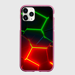 Чехол iPhone 11 Pro матовый Зеленые и красные неоновые плиты в разломе, цвет: 3D-малиновый