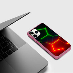 Чехол iPhone 11 Pro матовый Зеленые и красные неоновые плиты в разломе, цвет: 3D-малиновый — фото 2
