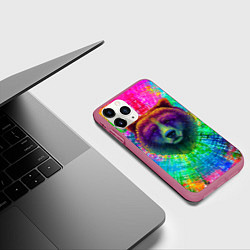 Чехол iPhone 11 Pro матовый Разноцветный неоновый медведь, цвет: 3D-малиновый — фото 2