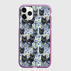 Чехол iPhone 11 Pro матовый Черные коты в незабудках, цвет: 3D-фиолетовый