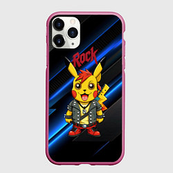 Чехол iPhone 11 Pro матовый Радостный Пикачу рок звезда, цвет: 3D-малиновый