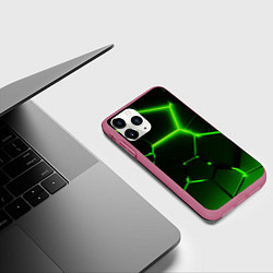 Чехол iPhone 11 Pro матовый Темные зеленые неоновые плиты в разломе, цвет: 3D-малиновый — фото 2