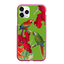 Чехол iPhone 11 Pro матовый Попугаи среди цветов, цвет: 3D-малиновый