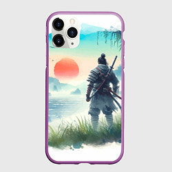 Чехол iPhone 11 Pro матовый Японский самурай на берегу горного озера, цвет: 3D-фиолетовый