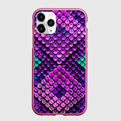 Чехол iPhone 11 Pro матовый Фиолетовая текстурная кожа змеи, цвет: 3D-малиновый