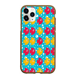 Чехол iPhone 11 Pro матовый Паттерн с розовыми и желтыми рыбками, цвет: 3D-коричневый