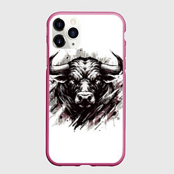 Чехол iPhone 11 Pro матовый Гранж - портрет быка: голова, цвет: 3D-малиновый