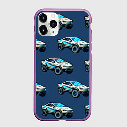 Чехол iPhone 11 Pro матовый Тесла киберпанк паттерн с машинками, цвет: 3D-фиолетовый
