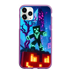 Чехол iPhone 11 Pro матовый Minecraft and halloween - neon glow, цвет: 3D-фиолетовый