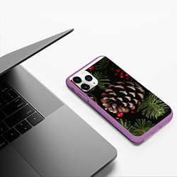 Чехол iPhone 11 Pro матовый Новый год шишки и клюква на ёлке, цвет: 3D-фиолетовый — фото 2