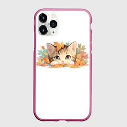 Чехол iPhone 11 Pro матовый Котёнок в листьях, цвет: 3D-малиновый
