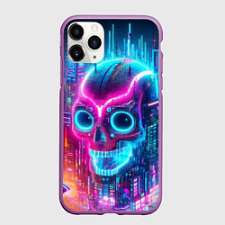 Чехол iPhone 11 Pro матовый Neon skull in metropolis - future, цвет: 3D-фиолетовый