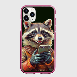 Чехол iPhone 11 Pro матовый Нейросеть - енот со смартфоном - картина, цвет: 3D-малиновый