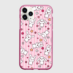 Чехол iPhone 11 Pro матовый Зайчики паттерн, цвет: 3D-малиновый