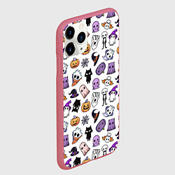 Чехол iPhone 11 Pro матовый Кавайный хэллоуин - призраки и черепа на белом фон, цвет: 3D-малиновый — фото 2