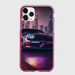 Чехол iPhone 11 Pro матовый Porshe ночной город, цвет: 3D-малиновый