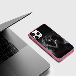 Чехол iPhone 11 Pro матовый Девушка обнимает волка, цвет: 3D-малиновый — фото 2