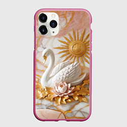Чехол iPhone 11 Pro матовый Фарфоровый лебедь и солнце на розовом мраморе, цвет: 3D-малиновый