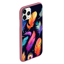 Чехол iPhone 11 Pro матовый Разноцветные переливающиеся перья, цвет: 3D-малиновый — фото 2