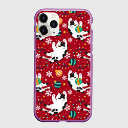 Чехол iPhone 11 Pro матовый Новогодний паттерн с котиками, цвет: 3D-фиолетовый