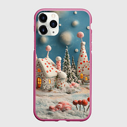 Чехол iPhone 11 Pro матовый Сладкие домики и елки, цвет: 3D-малиновый