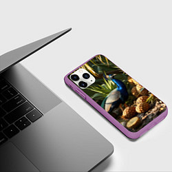 Чехол iPhone 11 Pro матовый Павлин стоящий рядом с ананасами, цвет: 3D-фиолетовый — фото 2