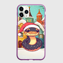Чехол iPhone 11 Pro матовый Новогодняя змейка на фоне ярких домиков, цвет: 3D-фиолетовый