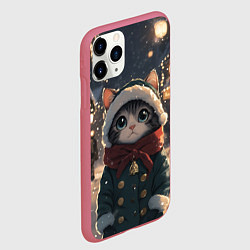 Чехол iPhone 11 Pro матовый Новогодний котик в городе, цвет: 3D-малиновый — фото 2