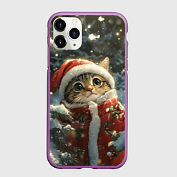 Чехол iPhone 11 Pro матовый Новогодний котик в зимнем лесу, цвет: 3D-фиолетовый