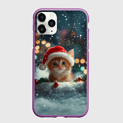 Чехол iPhone 11 Pro матовый Новогодний котенок и снег, цвет: 3D-фиолетовый