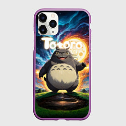 Чехол iPhone 11 Pro матовый Тоторо на фоне огненной луны, цвет: 3D-фиолетовый