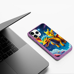 Чехол iPhone 11 Pro матовый Pikachu on a fabulous dragon - neon glow, цвет: 3D-фиолетовый — фото 2