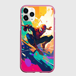 Чехол iPhone 11 Pro матовый Человек-паук на ярком фоне, цвет: 3D-малиновый
