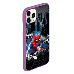 Чехол iPhone 11 Pro матовый Spider-man over the city, цвет: 3D-фиолетовый — фото 2