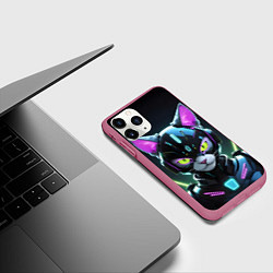 Чехол iPhone 11 Pro матовый Неоновый киберкот, цвет: 3D-малиновый — фото 2