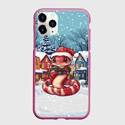 Чехол iPhone 11 Pro матовый Полосатая змейка в новогоднем городке, цвет: 3D-малиновый