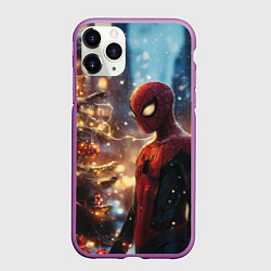 Чехол iPhone 11 Pro матовый Spider-man new year, цвет: 3D-фиолетовый