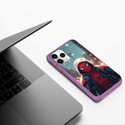 Чехол iPhone 11 Pro матовый Человек-паук под снегопадом - новогодний город, цвет: 3D-фиолетовый — фото 2