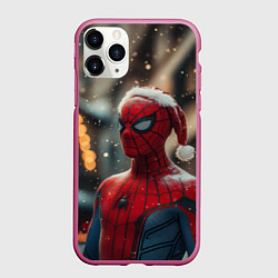 Чехол iPhone 11 Pro матовый New year Spider-man, цвет: 3D-малиновый