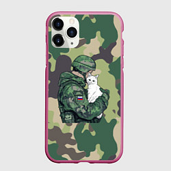 Чехол iPhone 11 Pro матовый Русский солдат с белой кошкой, цвет: 3D-малиновый
