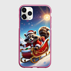 Чехол iPhone 11 Pro матовый Енот на санях, цвет: 3D-малиновый