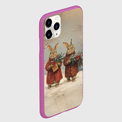Чехол iPhone 11 Pro матовый Зайцы с новогодними подарками, цвет: 3D-фиолетовый — фото 2