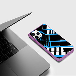 Чехол iPhone 11 Pro матовый Сине-белые линии на чёрном фоне, цвет: 3D-фиолетовый — фото 2