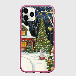 Чехол iPhone 11 Pro матовый Праздничный новогодний двор, цвет: 3D-малиновый