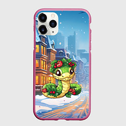 Чехол iPhone 11 Pro матовый Змейка новогодний антураж, цвет: 3D-малиновый