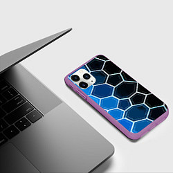 Чехол iPhone 11 Pro матовый Белые шестиугольники на чёрно-синем фоне, цвет: 3D-фиолетовый — фото 2