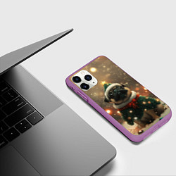 Чехол iPhone 11 Pro матовый Мопс в костюме елки, цвет: 3D-фиолетовый — фото 2