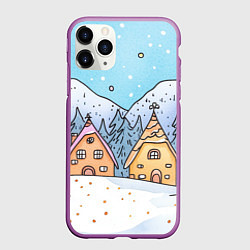 Чехол iPhone 11 Pro матовый Новогодние рисованные домики, цвет: 3D-фиолетовый
