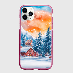 Чехол iPhone 11 Pro матовый Новогодний зимний пейзаж, цвет: 3D-малиновый